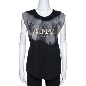 Balmain Grey Tie Dye Cotton Logo Print Sleeveless T Shirt M