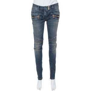 Balmain Dark Blue Denim Ribbed Biker Jeans M