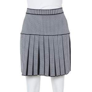 Pre Owned Balmain Monochrome Gingham Knit Pleated Structured Skirt S