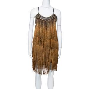 Pre Owned Balmain Gold Fringed Stud Embellished Fitted Mini Dress M