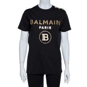 Balmain Black Cotton Knit Metallic Logo Print T-Shirt M