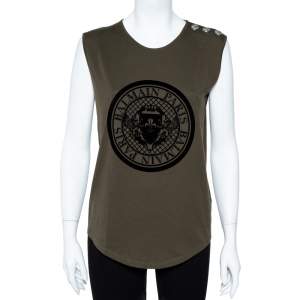 Balmain Green Cotton Jersey Velvet Crest Print Tank Top S