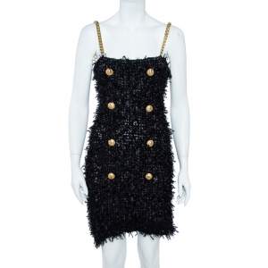 Pre Owned Balmain  Black Tweed Mini Dress M