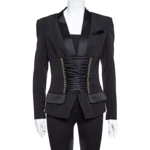 Pre Owned Balmain Black Wool Corset Detail Blazer M