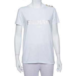 Balmain White Cotton Gold Logo Printed Button Detail Crewneck T Shirt S