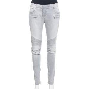 Balmain Grey Denim Quilted Detail Skinny Jeans M
