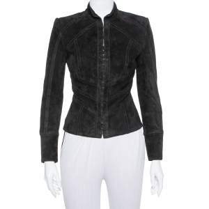 Pre Owned Balmain Black Suede Hook and Eye Front Fitted Jacket S