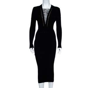 Pre Owned Balmain Black Rib Knit Lace Up Neckline Fitted Dress S