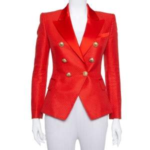 Pre Owned Balmain Red Textured Cotton & Silk Double Breasted Blazer M