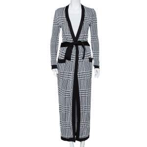 Pre Owned Balmain Monochrome Houndstooth Patterned Knit Belted Long Cardigan S