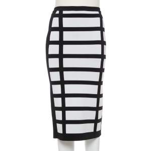 Pre Owned Balmain Monochrome Block Patterned Knit High Waist Midi Skirt M