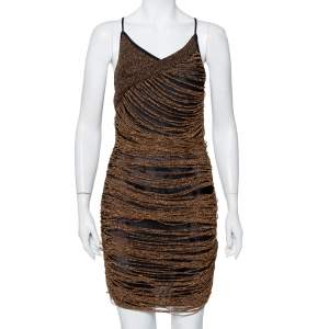 Pre Owned Balmain Gold Mesh Fringe Detail Sleeveless Mini Dress M