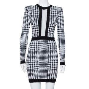 Pre Owned Balmain Monochrome Houndstooth Pattern Knit Mini Dress M