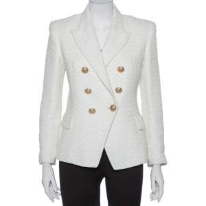 Pre Owned Balmain Off White Tweed Double Breasted Blazer L