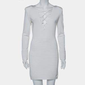 فستان بالمان قصير مزين رباط علوي تريكو مزخرف أبيض مقاس وسط (ميديوم)