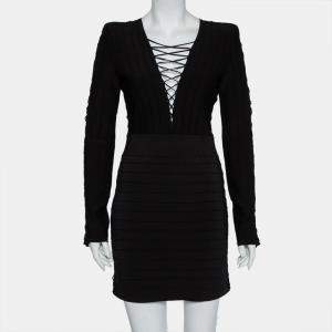 فستان بالمان ميني تفاصيل أربطة تريكو أسود مقاس متوسط - ميديوم