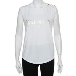 Balmain White Logo Printed Cotton Shoulder Button Detail Sleeveless T-Shirt M