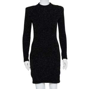 Pre Owned Balmain Black Lurex Knit Shoulder Button Detail Mini Dress M
