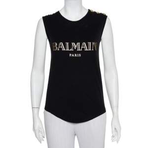 Balmain Black Logo Printed Cotton Shoulder Button Detail Sleeveless T-Shirt S