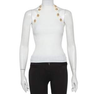 Balmain White Rib Knit Button Embellished Cutaway Top S