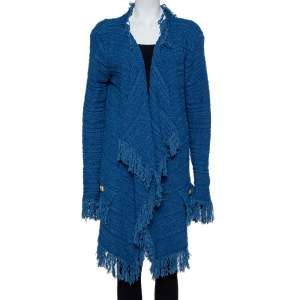 Balmain Blue Textured knit Fringed Open Front Jacket XL