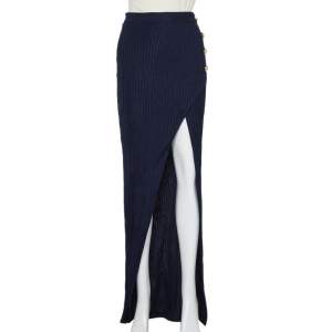 Pre Owned Balmain Navy Blue Rib Knit Thigh High Slit Detail Faux Wrap Maxi Skirt S