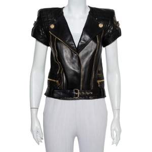 Pre Owned Balmain Black Leather Quilted Detail Short Sleeve Biker Jacket S