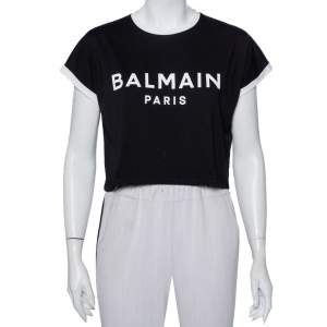 Balmain Black Logo Printed Cotton Crop Top XXS