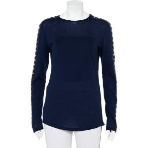 Pre Owned Balmain Navy Blue Wool Studded Detail Sweater L