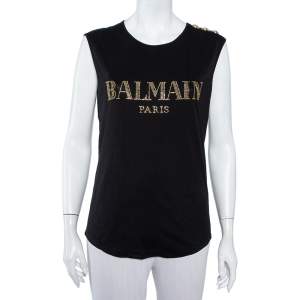 Balmain Black Cotton Logo Embellished Sleeveless T-Shirt S