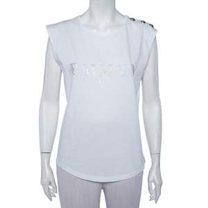 Balmain White Logo Printed Cotton Button Detail Sleeveless T-Shirt S