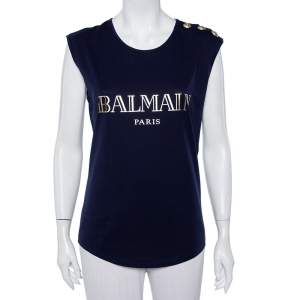 Balmain Navy Blue Logo Printed Cotton Button Detail Tank Top S