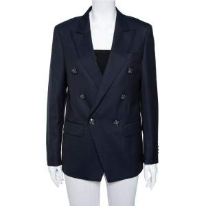 Pre Owned Balmain Navy Blue Textured Wool Double Breasted Blazer L