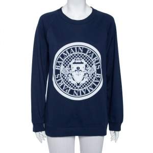 Pre Owned Balmain Navy Blue Cotton Logo Stamp Detail Sweatshirt S