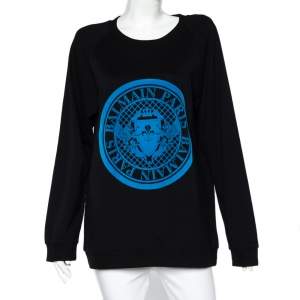 Pre Owned Balmain Black Cotton Knit Fleece Logo Detail Oversized Sweatshirt M