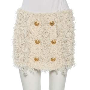 Pre Owned Balmain Ivory Bouclé Button Detail Mini Skirt M 