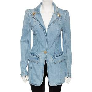 Pre Owned Balmain Blue Light Washed Denim Single Button Blazer M 
