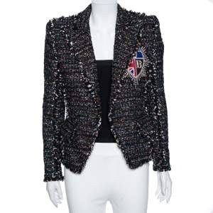 Pre Owned Balmain Black Tinsel Tweed Embellished Patch Detail Blazer S