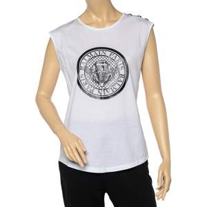 Balmain White Medallion Print Cotton Button Detail Sleeveless T-Shirt S