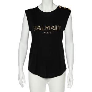 Balmain Black Logo Print Cotton Button Detail Sleeveless T-Shirt M