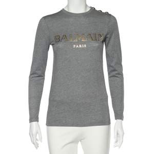 Balmain Grey Logo Print Cotton Long Sleeve T-Shirt XXS