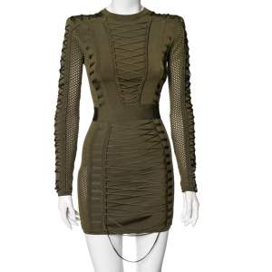 Pre Owned Balmain Olive Green Knit Cinched Waist Detailed Lace Up Mini Dress S
