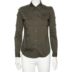 Balmain Dark Green Cotton Distressed Embellished Button Front Military Shirt M