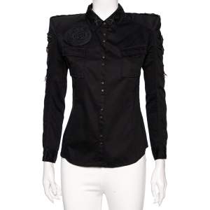 Balmain Black Embroidered & Embellished Cotton Button Front Military Shirt M