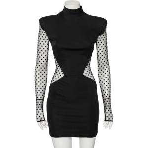 Pre Owned Balmain Black Jersey Polka Dotted Mesh Inset Detail Short Dress M
