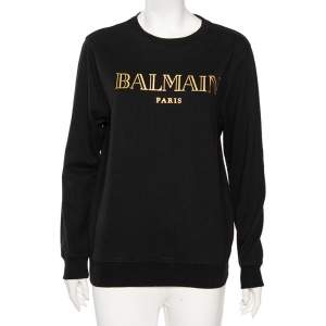 Pre Owned Balmain Black Cotton Logo Printed Crew Neck Sweatshirt S