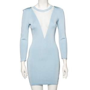 Pre Owned Balmain Light Blue Stretch Knit And Mesh Inset Neck Detailed Bodycon Dress S