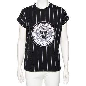 Balmain Black Striped Logo Printed Cotton Short Sleeve Crewneck T-Shirt S
