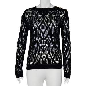 Balmain Black Perforated Knit Sheer Crewneck Top S