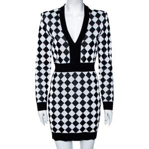 Pre Owned Balmain Monochrome Geometric Patterned Knit V-Neck Short Dress M